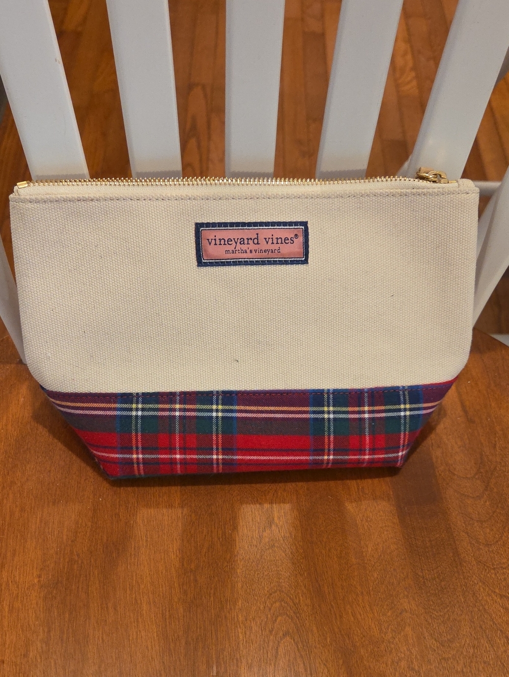 Vineyard Vines Cream Canvas Pouch with Red Tartan Base